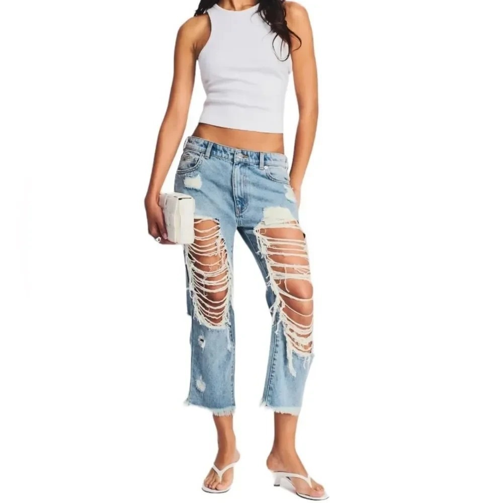 SEROYA Omar Drop Crotch Boyfriend Distressed Cropped Jeans in Coastline Sz 29x24